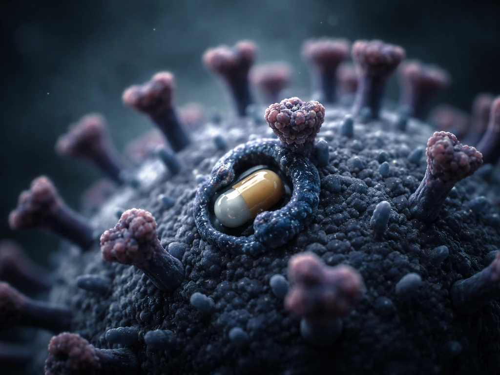 Macro photo-like view of a virus surface with a neuraminidase site blocked by a small drug-like molecule.