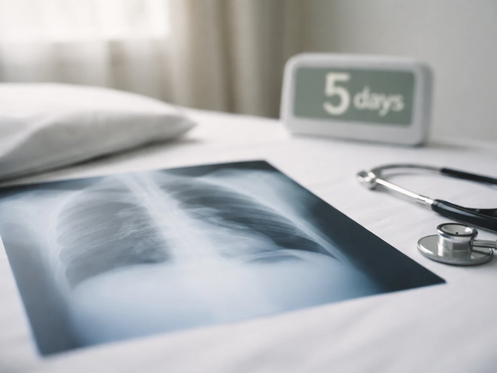 Lung-focused medical X-ray on a table with a blurred timer, suggesting delayed antiviral treatment.