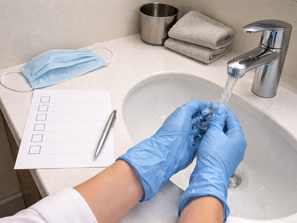 Gloved, masked hands beside a handwashing sink with soap and a blank checklist paper for monitoring.