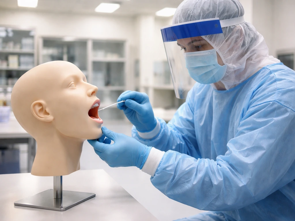 PPE clinician collecting a sample in a clean room with a blurred veterinary surveillance setting behind.