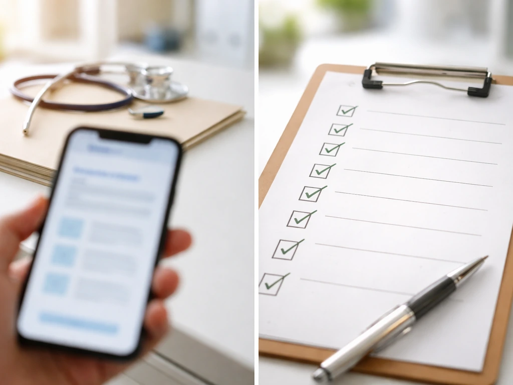 Split-screen of a blurred eligibility phone and a clipboard of checked exposure criteria for bird flu testing.