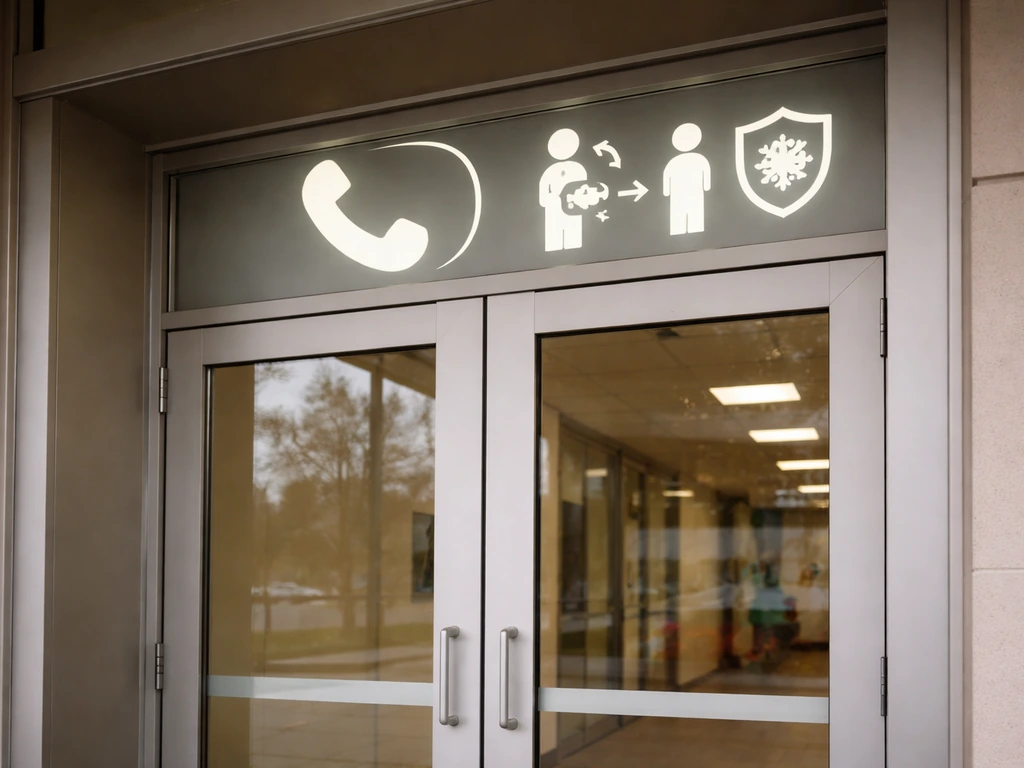 Urgent care entrance with call-ahead and isolation pictograms plus a phone icon, no people visible.