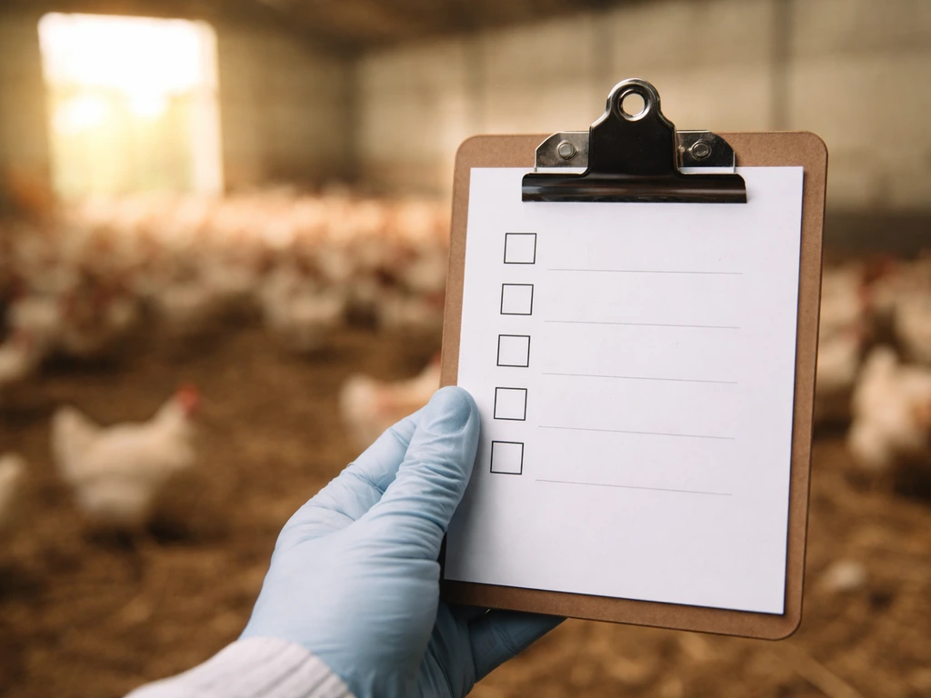 Gloved hand holding a clipboard with blank checkboxes in a softly blurred poultry barn setting.