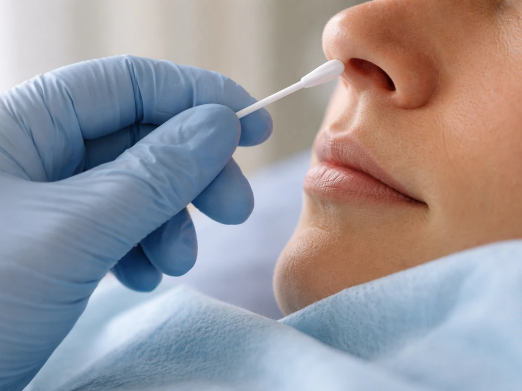 Close-up of gloved clinician holding a nasopharyngeal swab near the nostril/upper throat area.