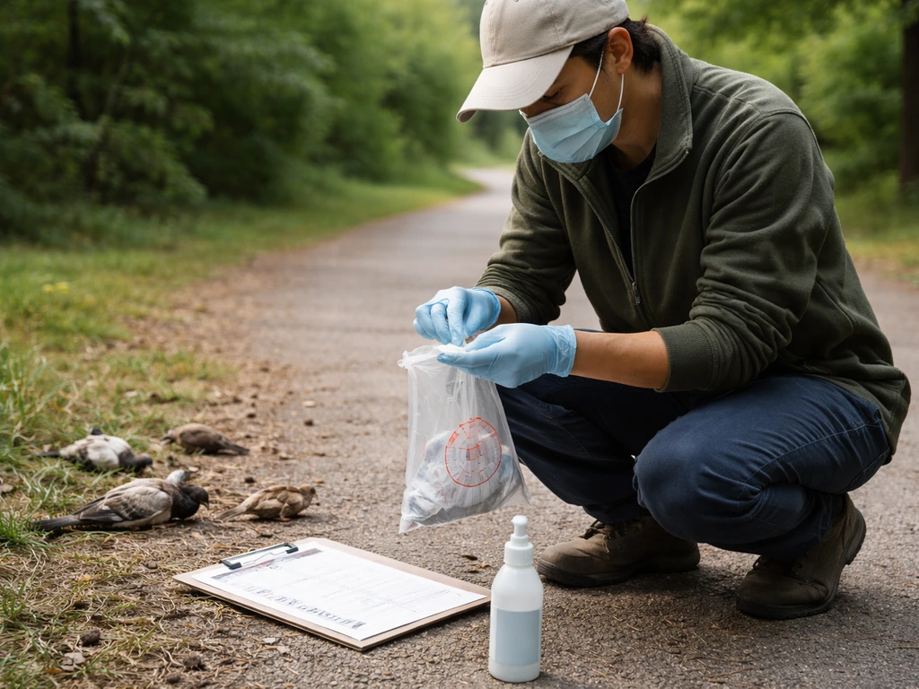 Gloved worker bagging and disinfecting gloves beside a few sick birds on the ground, field reporting scene