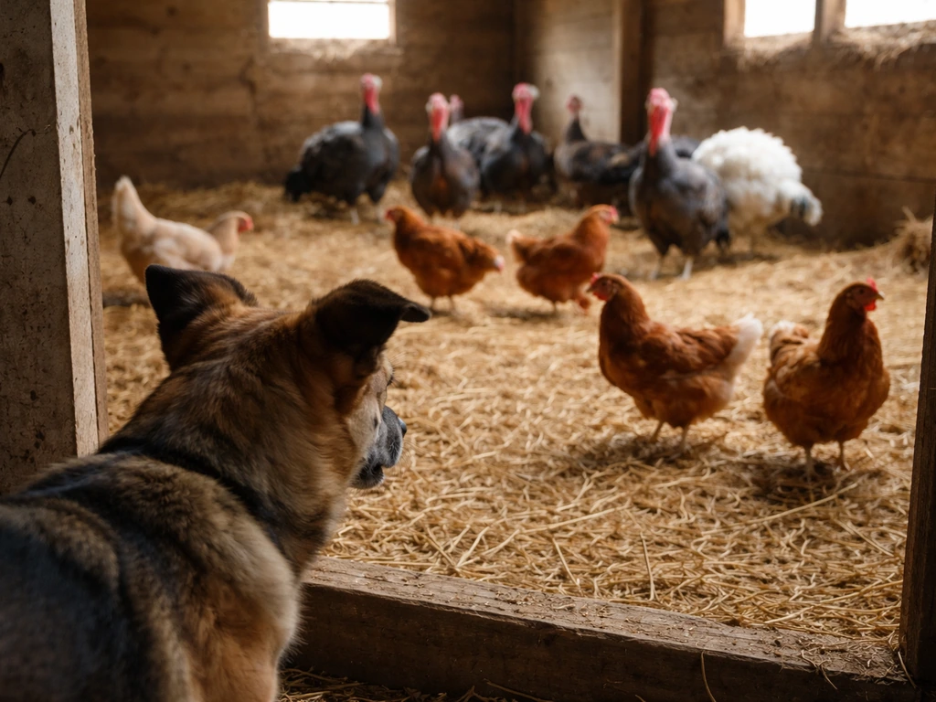 Dog in foreground with chickens and turkeys in a quiet coop behind, showing poultry risk.