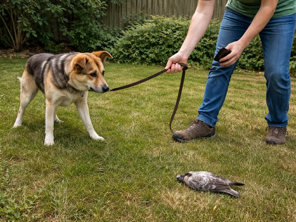 Handler holding a dog back from a lifeless wild bird on the grass, documenting the spot for a vet.