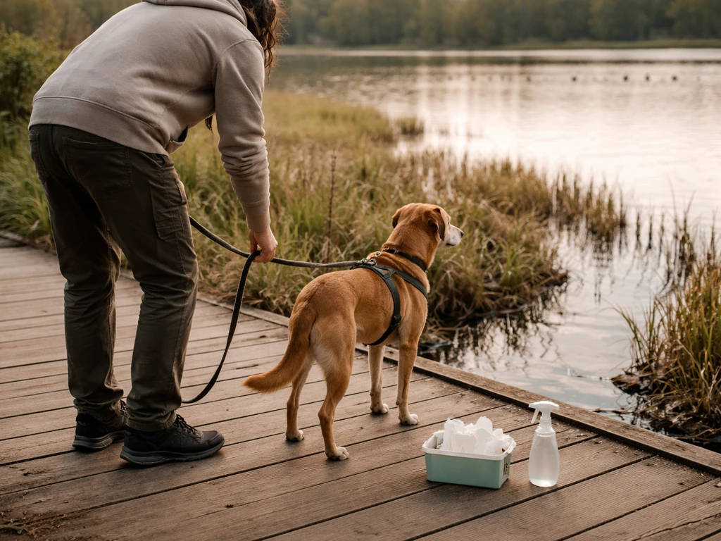 Leashed dog at a wetland edge with distant birds and pet-safe wipes beside the walker for cleanup.