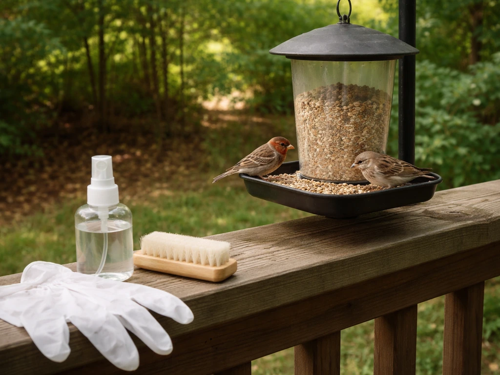Bird feeder in a backyard with birds eating, plus gloves and a cleaning spray bottle nearby.