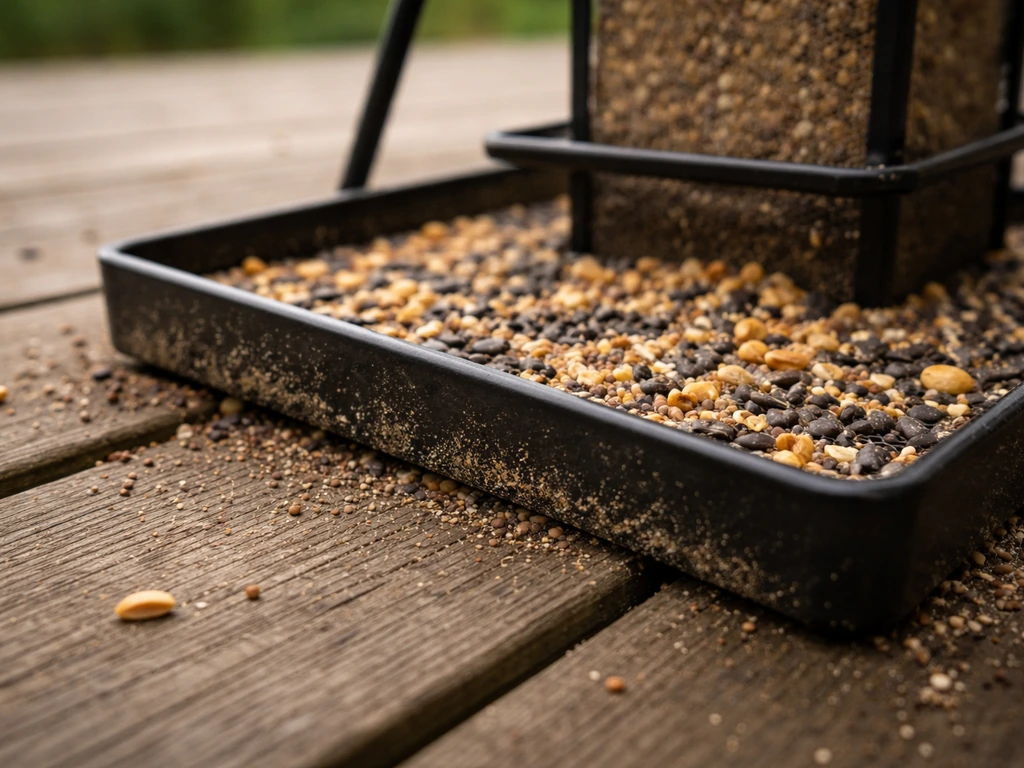 Close-up of a bird feeder tray with seed debris and residue on the tray edges and surrounding deck area.
