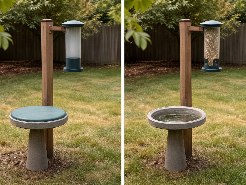Split backyard scene: covered empty feeder and covered birdbath on one side, active feeder and open birdbath on the othe