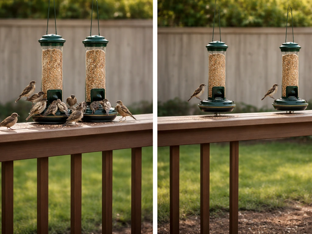 Two backyard bird-feeding setups: spaced feeders with small frequent portions vs a crowded setup.