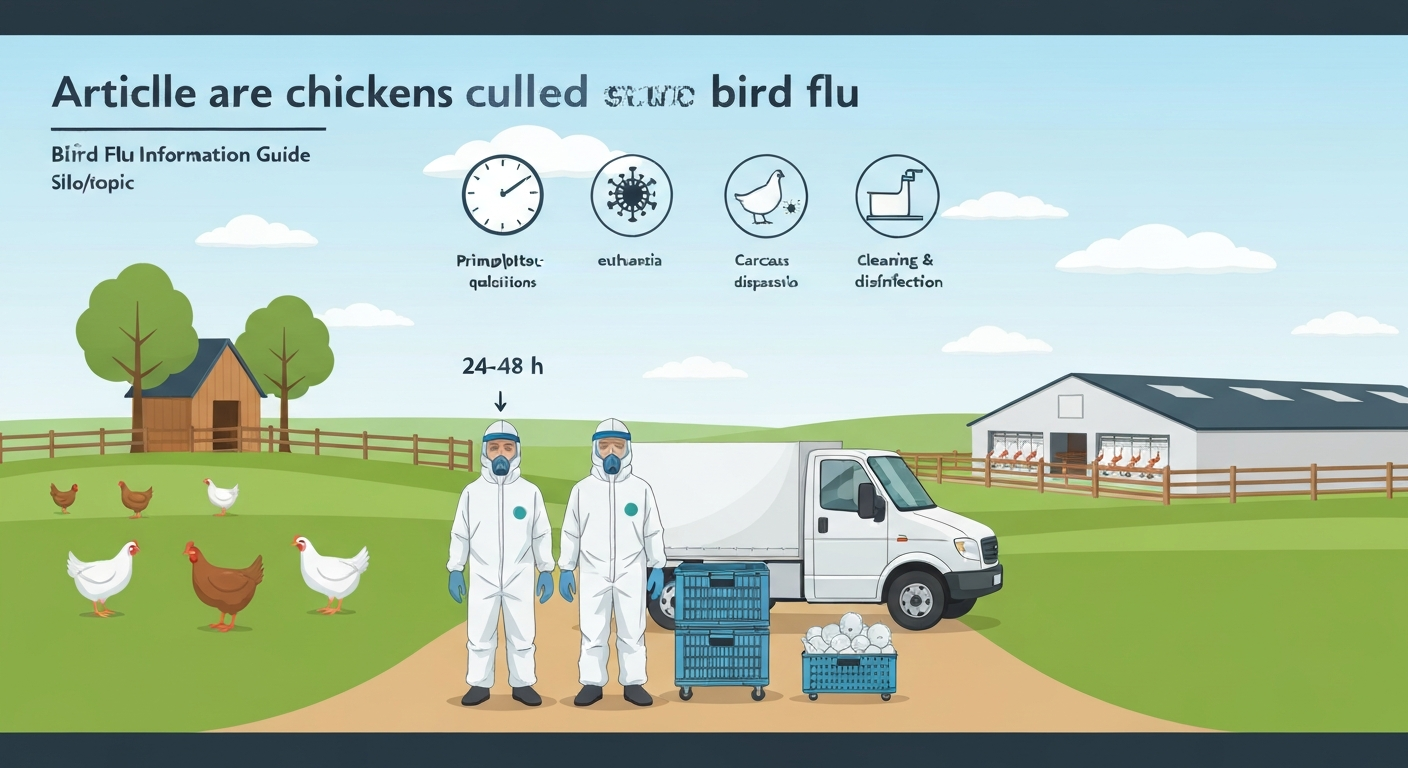 Infographic of a farm bird-flu response: backyard coop, commercial poultry house, PPE-clad response team, and icons for rapid containment, disposal, and cleaning.