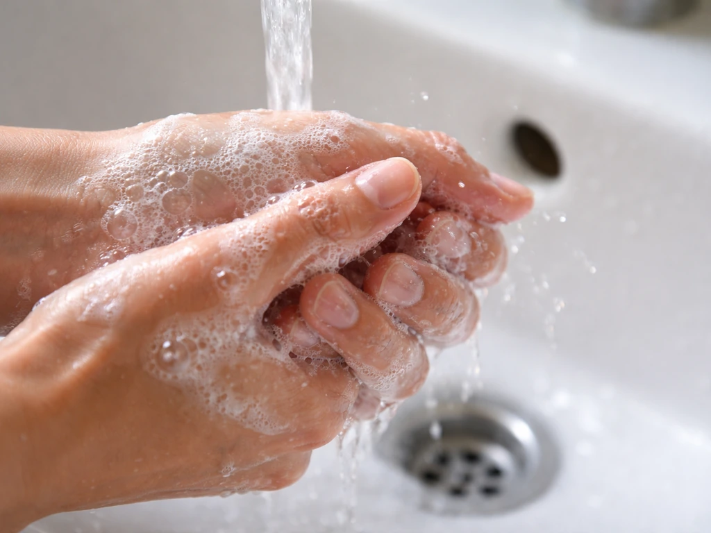 Close-up of hands washing with soap under running water, emphasizing cleanliness and safe hygiene.