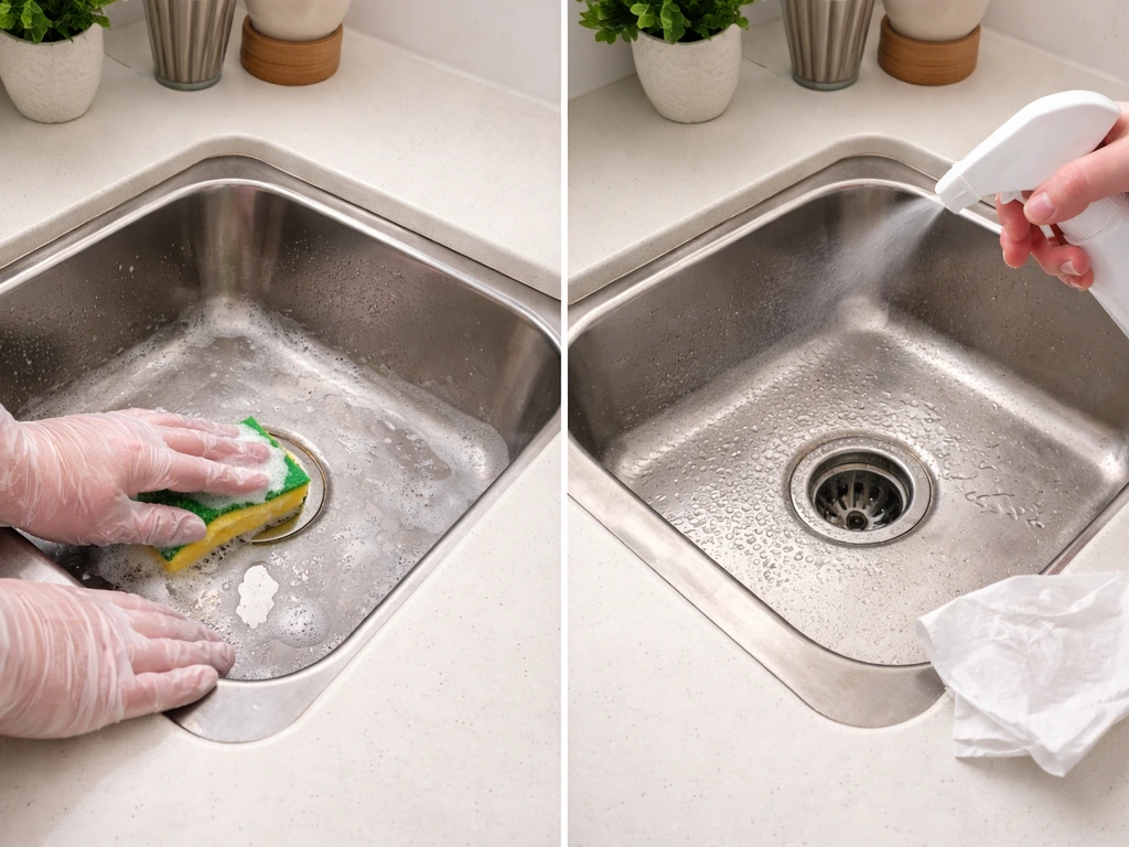 Two-panel tabletop scene: soapy cleaning wipes one side, disinfectant spray and wet contact time on the other.