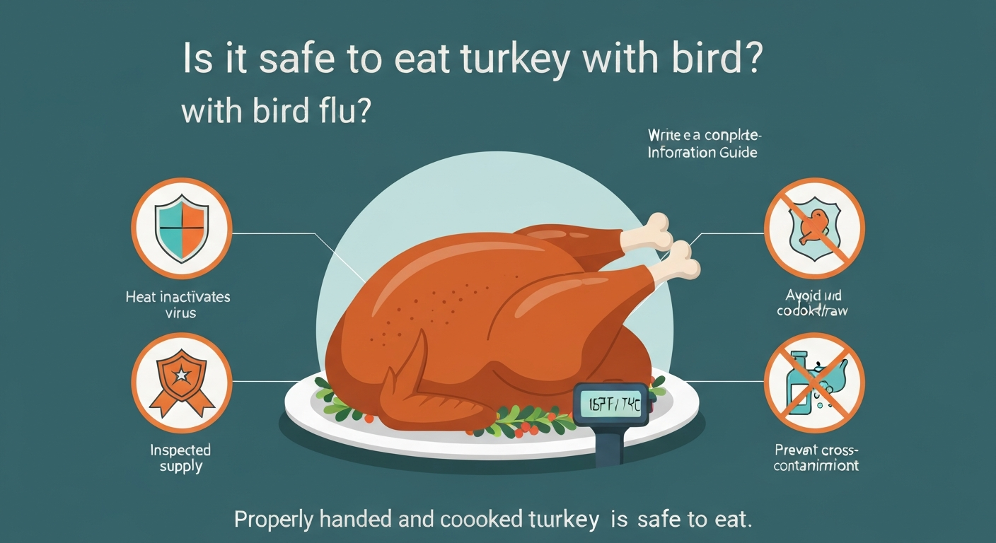 Infographic showing a cooked turkey with a thermometer reading 165°F and four icons indicating heat kills the virus, inspected supply, avoid raw meat, and wash hands. Text: Properly handled and cooked turkey is safe to eat.