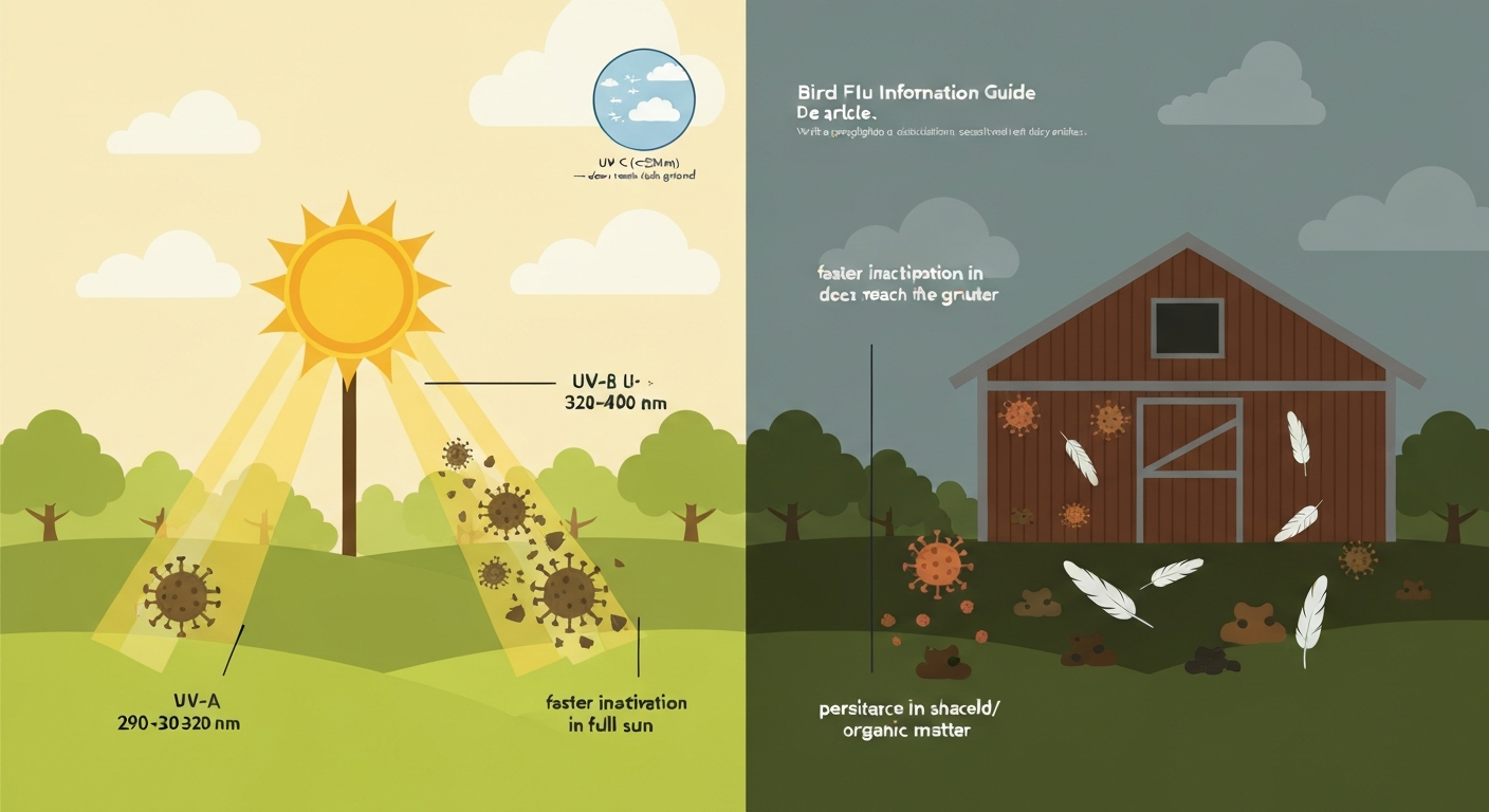 Split-scene infographic: sunlit field where UV-A/UV-B rays inactivate bird flu viruses, contrasted with shaded barn where viruses persist; inset shows ozone layer blocking UV-C.